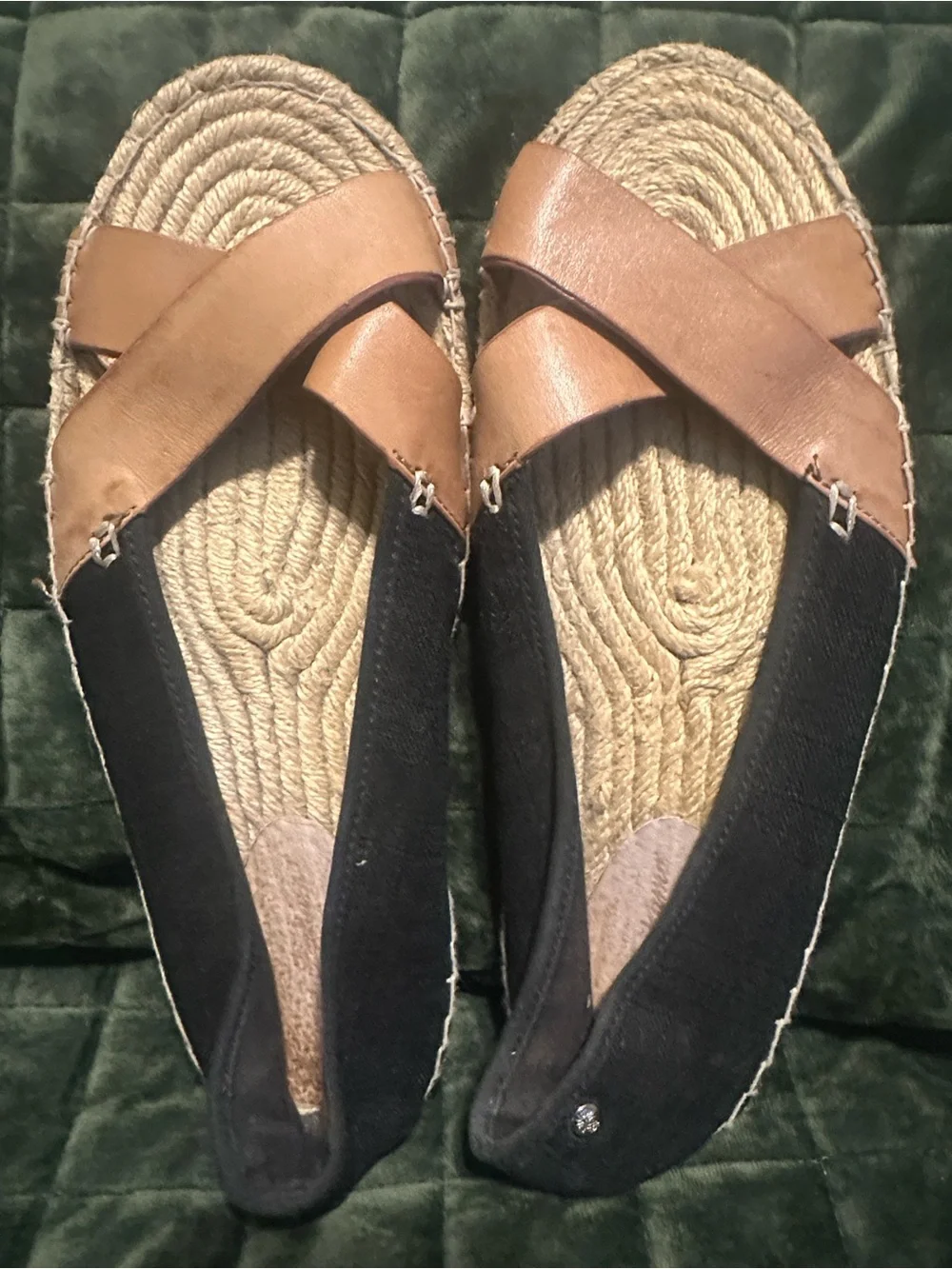 Tommy Bahama Black Canvas & Tan Leather Crossover Espadrille Flats